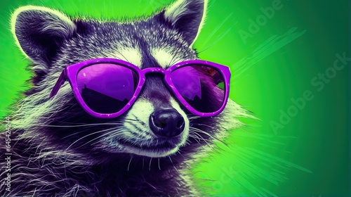  a raccoon wearing purple sunglasses on a green background.  generative ai © Shanti