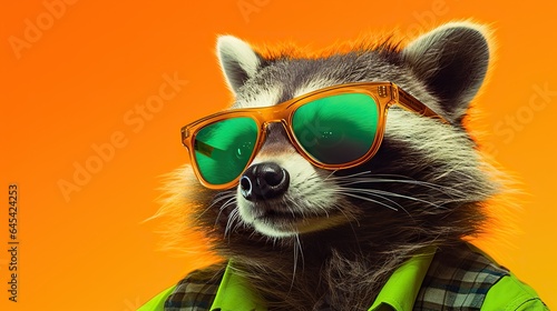  a raccoon wearing green sunglasses and a green shirt.  generative ai © Shanti