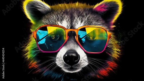  a raccoon wearing colorful sunglasses on a black background. generative ai