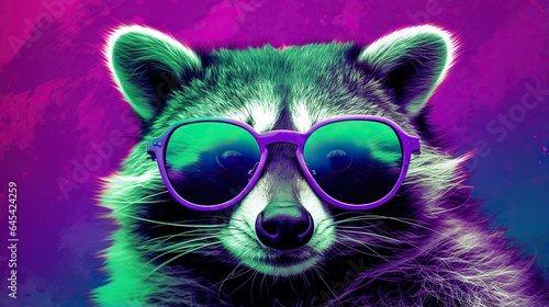  a raccoon wearing purple sunglasses and a purple background.  generative ai © Shanti