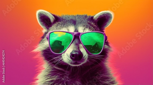  a raccoon wearing purple sunglasses and a pink background.  generative ai © Shanti