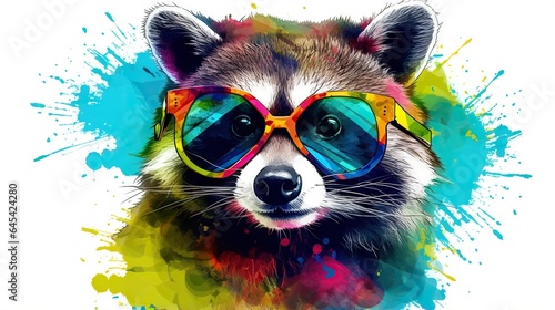  a raccoon wearing sunglasses with a splash of paint.  generative ai