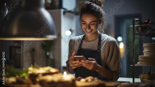 Young girl in the kitchen looking at her phone checking a recipe for cooking