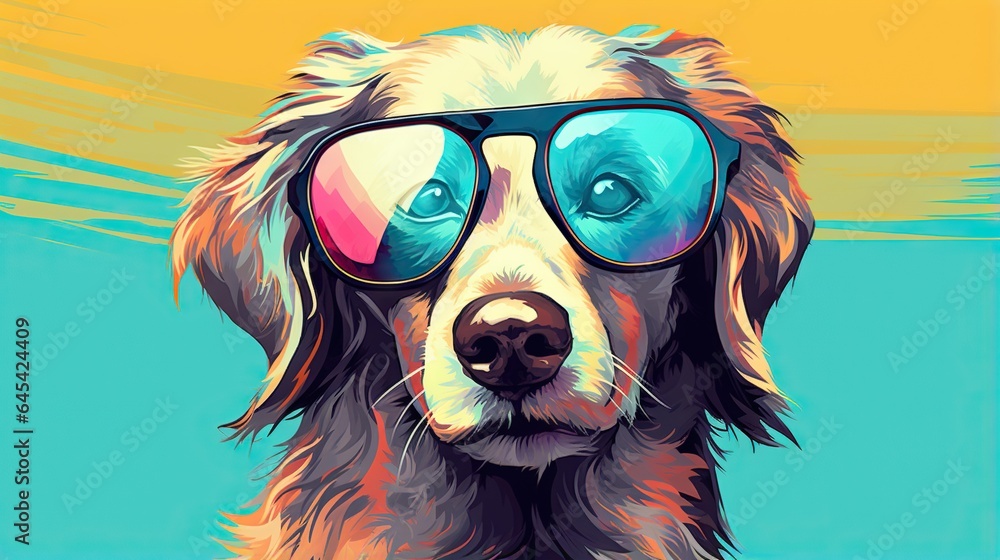  a dog with sunglasses on its head and a yellow background.  generative ai - obrazy, fototapety, plakaty 