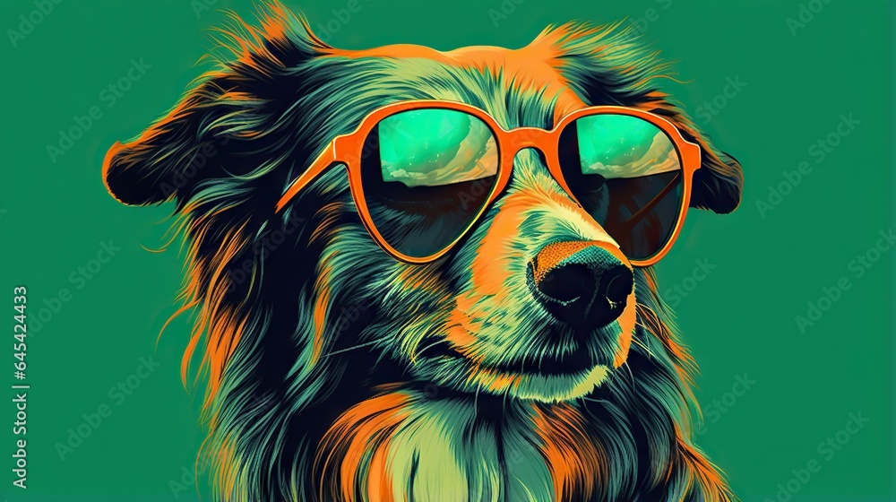 a dog with sunglasses on its face and a green background.  generative ai