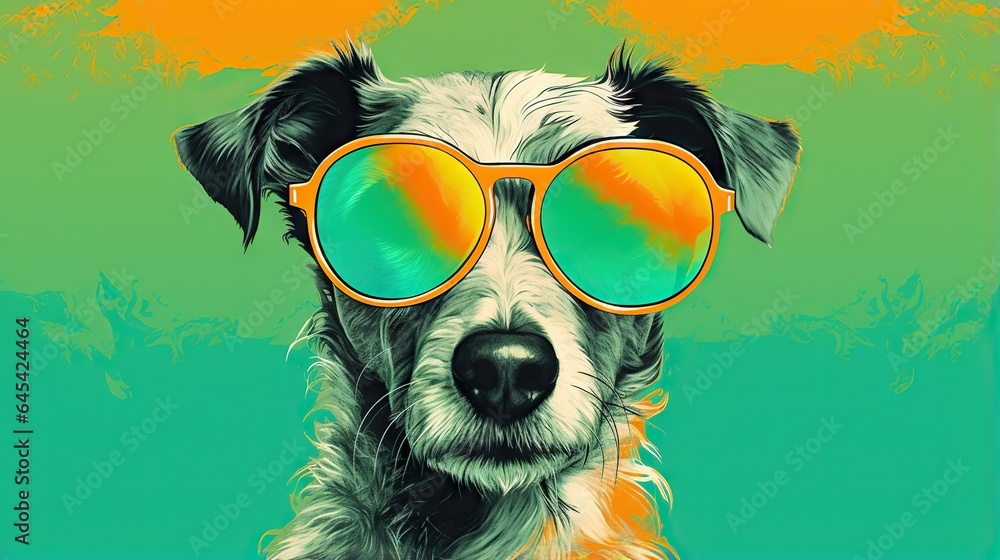 a dog with sunglasses on its face and a green background. generative ai a dog with sunglasses on its face and a green background. generative ai