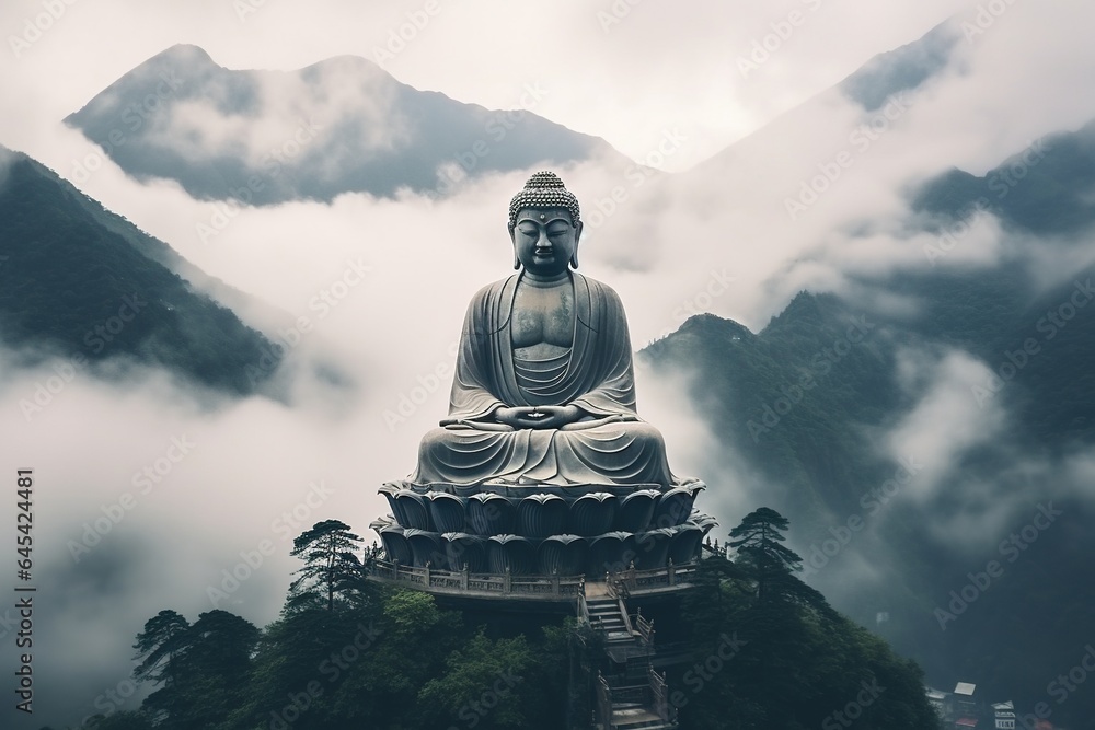 Fototapeta premium Buddha statue on the top of mountain in misty morning.Generative Ai