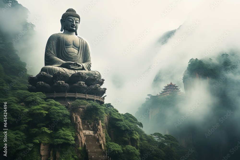 Buddha statue on the top of mountain in misty morning.Generative Ai