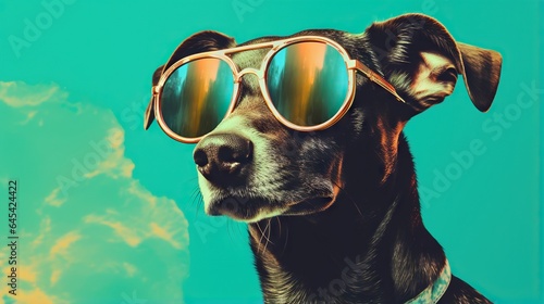 a dog wearing sunglasses and a collar with clouds in the background.  generative ai © Shanti