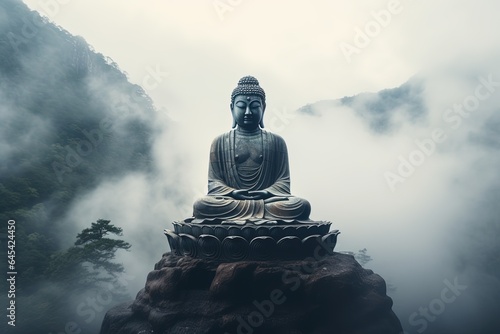 Buddha statue on the top of mountain in misty morning.Generative Ai