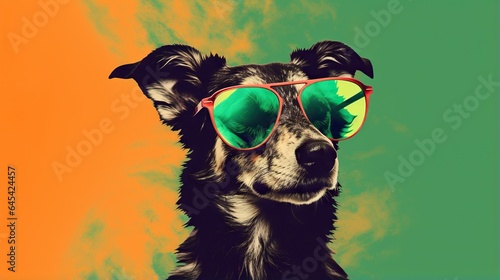  a dog with sunglasses on its head and a green background.  generative ai