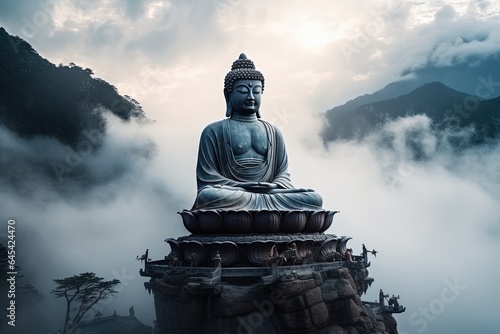 Buddha statue on the top of mountain in misty morning.Generative Ai