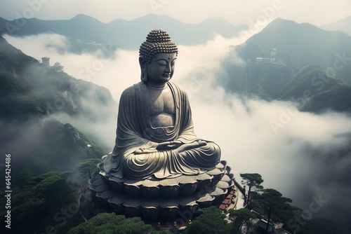 Buddha statue on the top of mountain in misty morning.Generative Ai