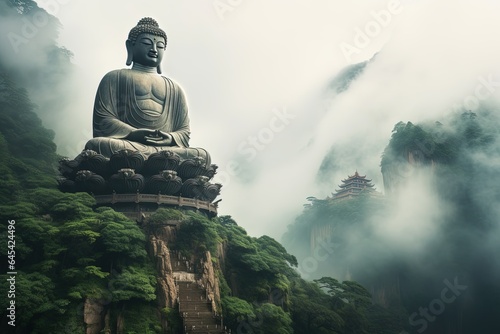 Buddha statue on the top of mountain in misty morning.Generative Ai