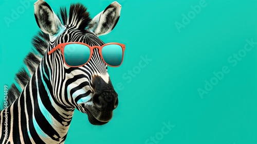  a zebra with sunglasses on it s head against a blue background.  generative ai