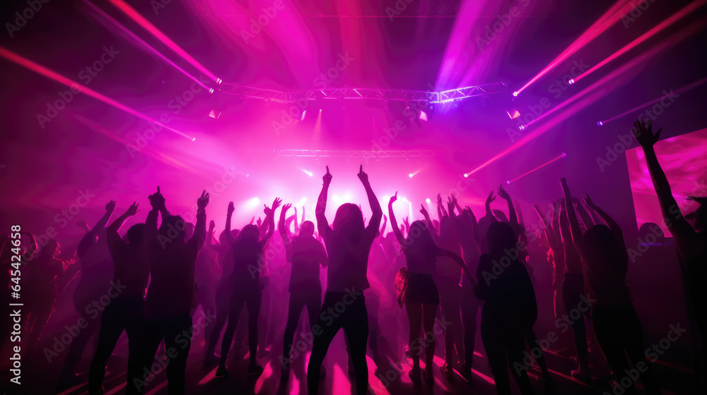 Team. A crowd of people in silhouette raises their hands on the dancefloor on neon light background. Night life, club, music, dance, motion, youth. Purple-pink colors and moving girls and boys.