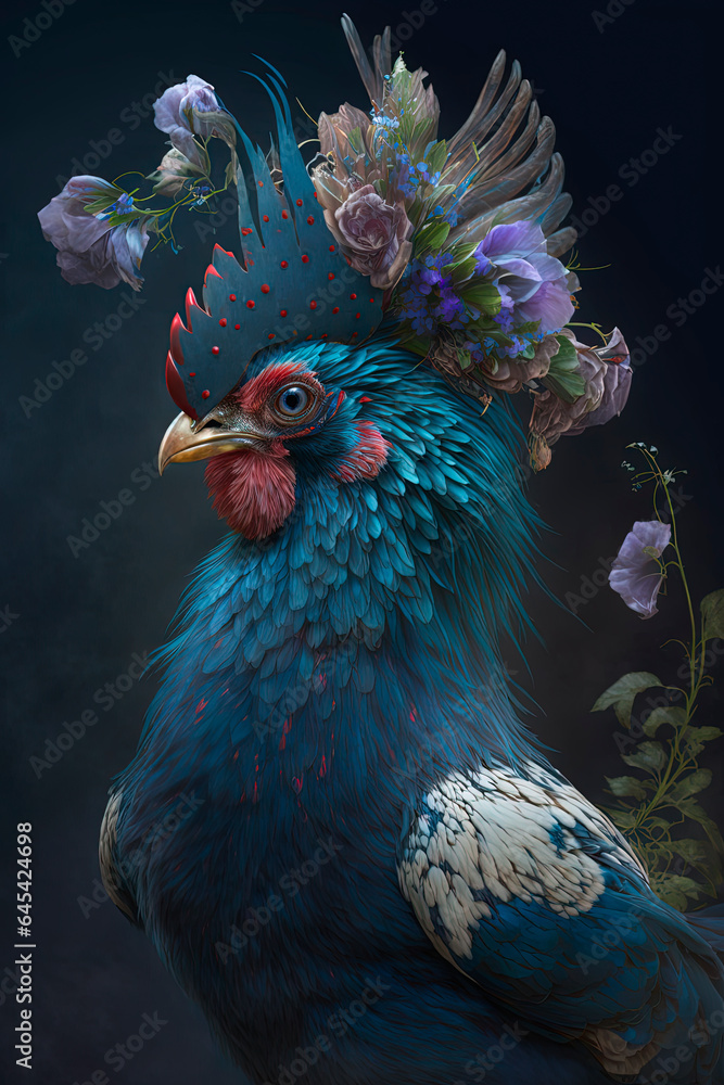 A blue rooster with flowers. Generative AI