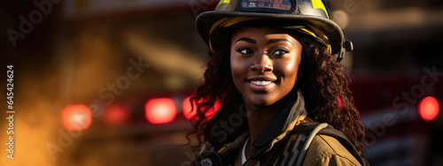 Firefighter portrait on duty. Photo of female fireman near fire engine
