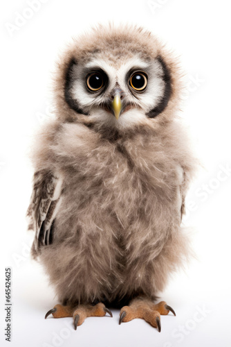 Boreal owl chick on a white background