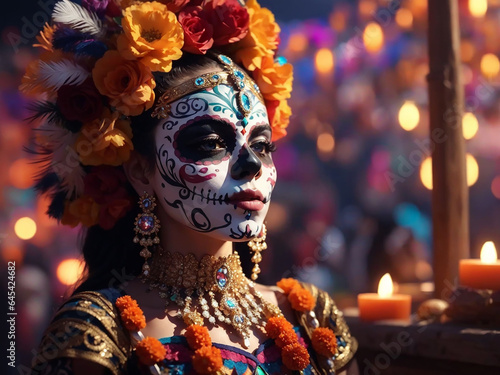 Closeup  of a woman with mexican sugar skull makeup © Kalpesh