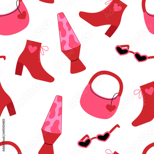 Seamless pattern with pink glamorous accessories and objects. Bag, lava lamp, boots and heart sunglasses. Vector background in nostalgic y2k aesthetic
