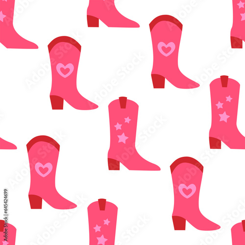 Seamless pattern of pink cowgirl boots with hearts and stars. Wild west, western hand drawn vector trendy background photo