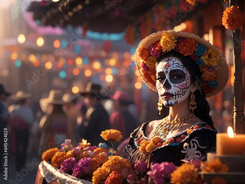 Mexican woman with sugar skull makeup and flowers celebrating festival in Mexico