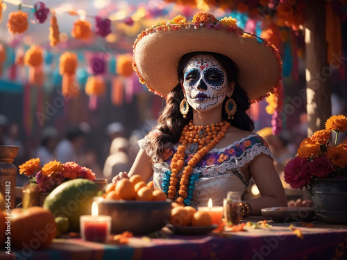 Mexican woman with sugar skull makeup and flowers in city © Kalpesh