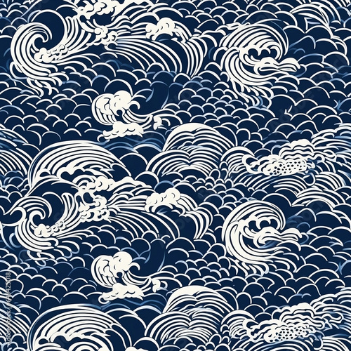 Seamless pattern of thai pattern wallpaper design  in the style of dark white and dark blue