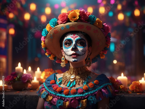 Portrait of a Mexican woman sugar skull makeup with flower hat