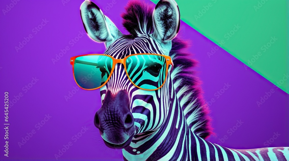 a zebra with sunglasses on its head and a colorful background. generative ai a zebra with sunglasses on its head and a colorful background. generative ai