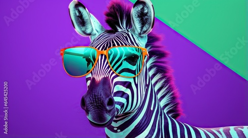  a zebra with sunglasses on its head and a colorful background.  generative ai