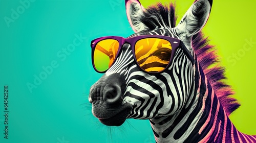  a zebra with sunglasses on its head and a green background. generative ai