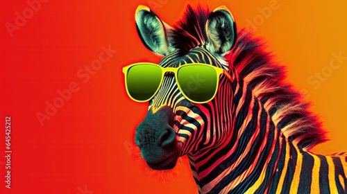  a zebra with sunglasses on its head and a red background.  generative ai