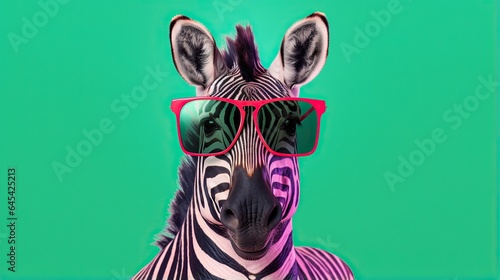  a zebra wearing red sunglasses and a green background with a green background.  generative ai
