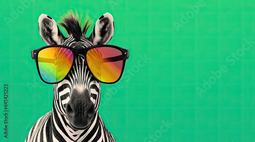 a zebra with sunglasses on its head and a green background.  generative ai