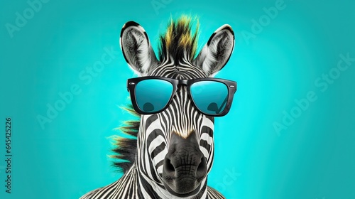  a zebra with sunglasses on its head and a blue background. generative ai