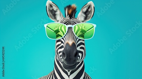  a zebra with sunglasses on its head and a blue background.  generative ai