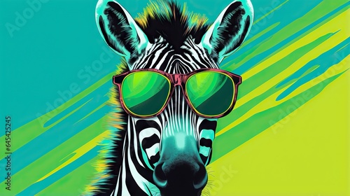  a zebra with sunglasses on its head and a green background. generative ai