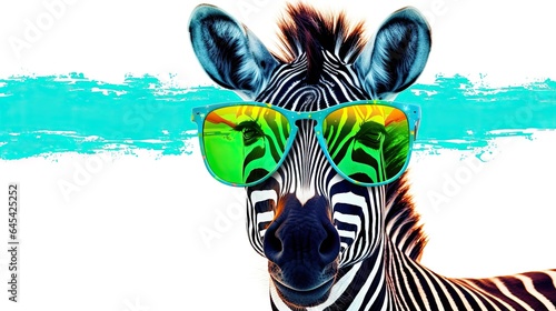  a zebra with sunglasses on its head and a blue background.  generative ai