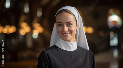 Portrait of a nun against a church background