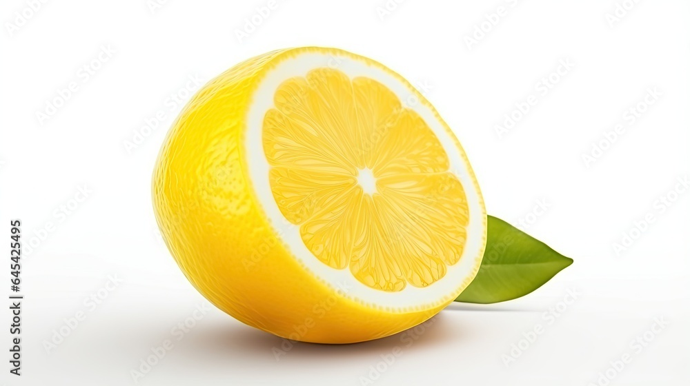 a half of a lemon with a leaf on a white background. generative ai a half of a lemon with a leaf on a white background. generative ai