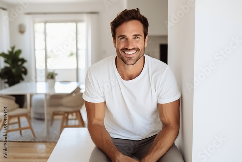 Strahlendes Lächeln: Attraktiver Mann im weißen T-Shirt mit schönen Zähnen