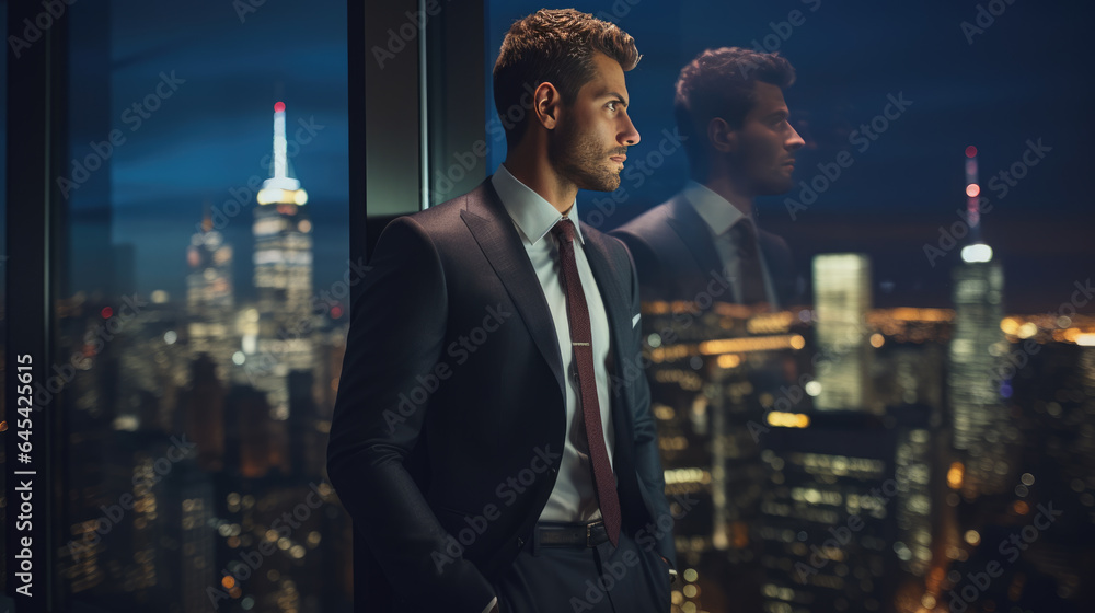 Business man standing in the office watching the modern city night view Business man standing in the office watching the modern city night view