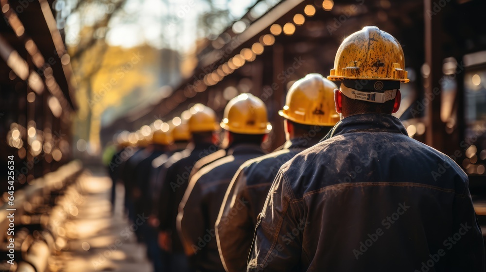 Fototapeta premium Engineer team holding hardhat standing in row ready for work