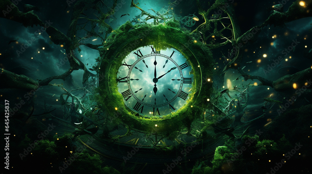 time machine details with moving leaves representation of a chaotic mind, generative ai