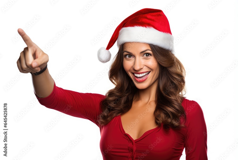 A woman wearing a Santa hat pointing at something with excitement A woman wearing a Santa hat pointing at something with excitement