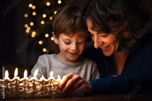 happy mother and son lighting candles on christmas tree with lights at home