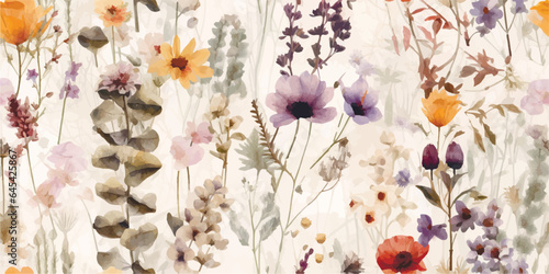 Modern contemporary Seamless pattern with ethereal wildflowers, leaves. vintage dry pressed wild flower plants, grass. Nature floral background. Texture for Cloth, Textile, Wallpaper, fashion prints