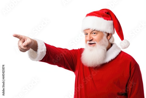 A man dressed as Santa Claus pointing at something